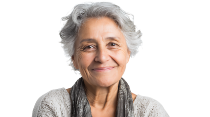 Elderly Latina woman with gray hair smiling kindly at camera, isolated on a white background. 