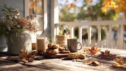 A sunlit back porch with seasonal baked goods, coffee mugs and fallen leaves around, wooden flooring and relaxed vibe