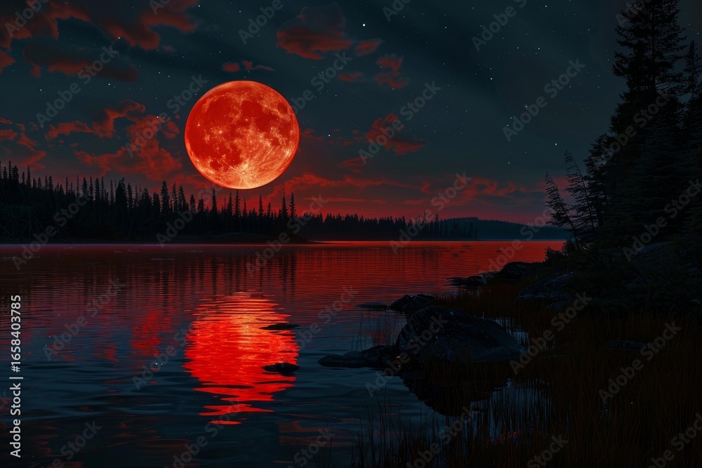 Poster big red moon rising above a lake reflecting on water surface with red and orange colorful clouds and