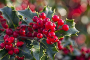 Close up of vibrant red holly berries growing on a branch, adding a festive touch to the holiday season