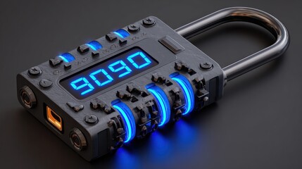 Futuristic digital combination lock with glowing blue elements