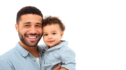 Latino father holding his child and smiling at camera, isolated on a white background