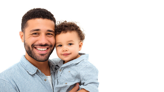 Latino father holding his child and smiling at camera, isolated on a white background
