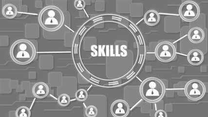 Abstract network of people icons and squares with the word SKILS in a central circle skills abilities