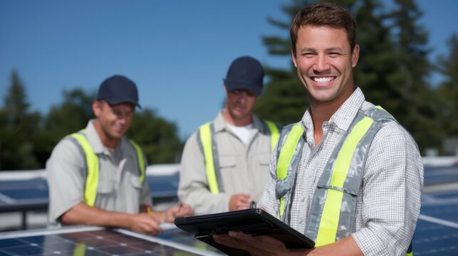 Solar panel installation action renewable energy site teamwork outdoor environment bright day viewpoint sustainable technology concept - Powered by Adobe
