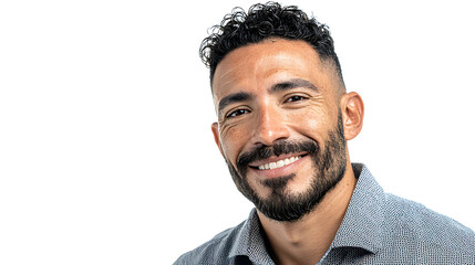 Obraz premium Professional Latino man in casual office clothes smiling naturally, isolated on a white background.