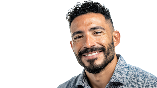 Professional Latino man in casual office clothes smiling naturally, isolated on a white background.