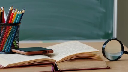 Open Book with Magnifying Glass, Smartphone and Pencils on Desk in Front of Chalkboard
- Powered by Adobe