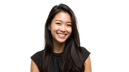 Young Asian woman with long straight hair smiling brightly, isolated on a white background. 