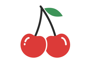 Illustration of two red cherries connected by black stems with a green leaf on a white background