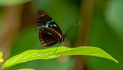 Fototapeta premium Detailed close-up of a butterfly resting on a leaf.