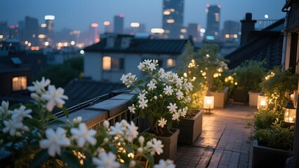 Rooftop Garden at Dusk with Blooming Flowers and City Lights