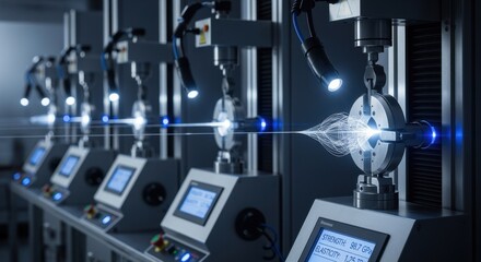 Detailed shot of tensile testing rigs measuring strength and elasticity of newly spun carbon nanotube space elevator fibers.