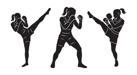 Female Fighter Silhouette Vector – Kickboxing, Martial Arts, Sports Training Illustration