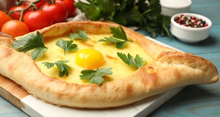 Tasty khachapuri with cheese, egg, parsley, tomatoes and spices on light blue wooden table, closeup
