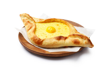 Tasty khachapuri with cheese and egg isolated on white