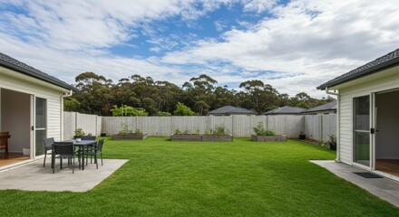 A modern home's backyard with a lush green lawn.

