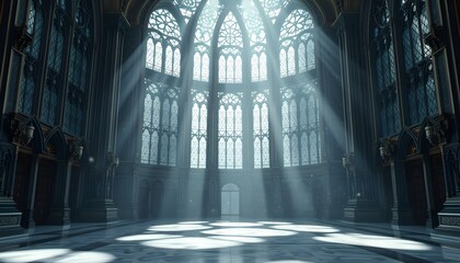 Naklejka premium Interior view of a grand hall, illuminated by sunlight streaming through large arched windows.