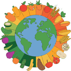 Naklejka premium Seasonal Produce Around the World Illustration with Earth in the Center