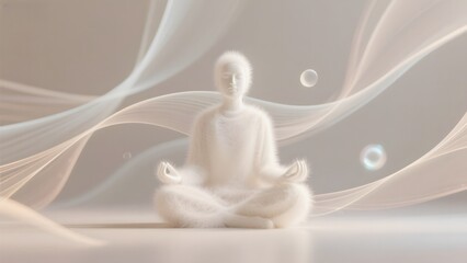A serene figure meditates in a lotus position surrounded by flowing white energy and floating orbs.
