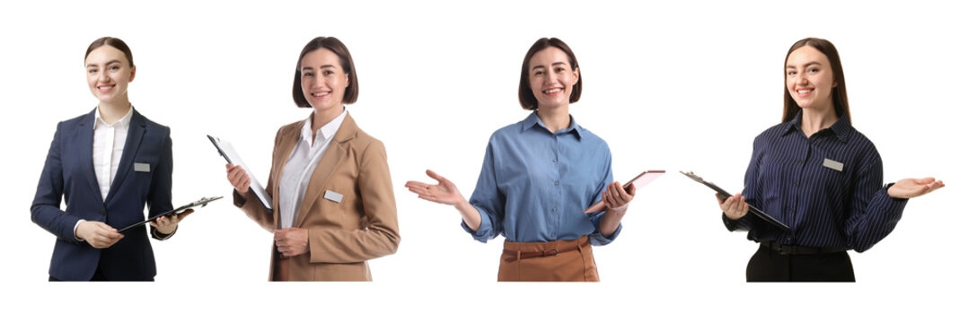 Young hostesses on white background, set of portraits
