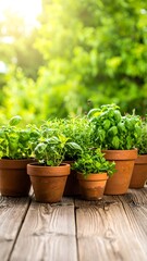 Fototapeta premium Fresh herbs in terracotta pots on a wooden table