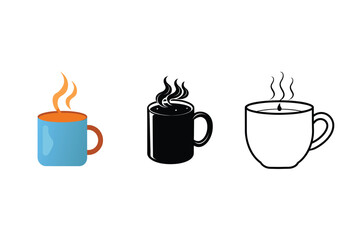 Collection of four stylized coffee mug illustrations featuring various designs and color options perfect for beverage branding and cafe decor