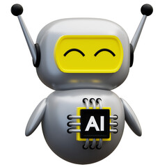 A 3D illustration of a cute AI robot with a friendly smile, symbolizing artificial intelligence, robotics, and futuristic technology