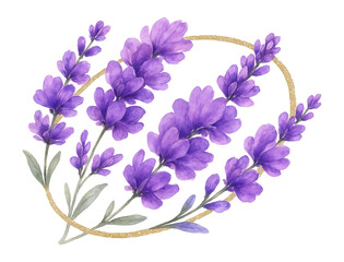 Golden glitter outline with purple watercolor lavender flowers.