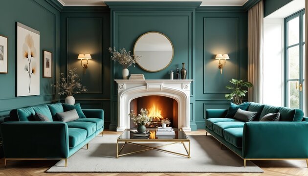 Modern living room features teal sofas flanking white fireplace with burning fire. Elegant teal walls, gold accents, round mirror create stylish, sophisticated interior design. Large window offers