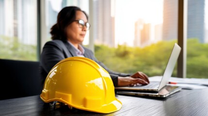 Construction industry professional working remotely urban office space digital workspace modern environment focused viewpoint