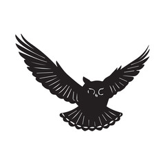 Obraz premium Vector art of silhouette of a flying owl with wings spread open, isolated on white background