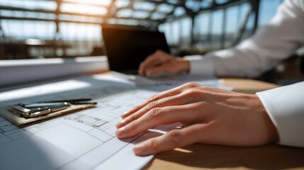 Business meeting over architectural plans in modern office space professional environment close-up view