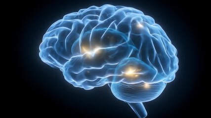 X-ray of the human brain, glowing with activity, isolated against a stark black background