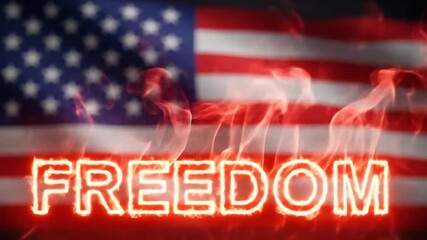 Neon glowing text Freedom with American flag waving in bright patriotic background. - Powered by Adobe