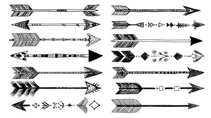 Hand drawn black arrow doodles, artistic sketch style, isolated on a white background