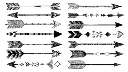 Hand drawn black arrow doodles, artistic sketch style, isolated on a white background