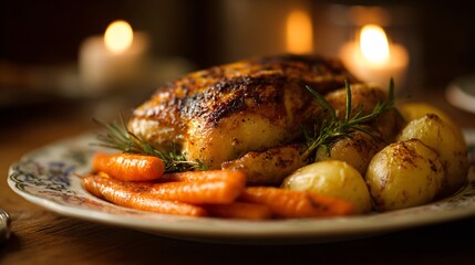 Golden brown tones of roast chicken, maple carrots and herbed potatoes on vintage plates, soft focus and candle glow
