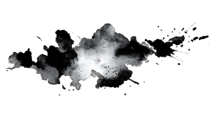 Black ink blot with organic irregular shapes, isolated on a white background