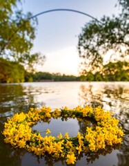 Floating wreath of yellow flowers on a lake