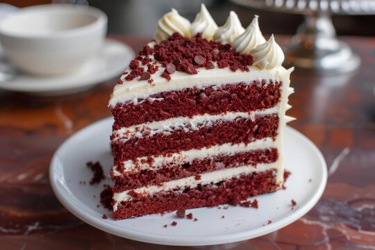 Indulgent slice of red velvet cake with layers of cream cheese frosting, crumbs, and chocolate chips, tempting dessert treat