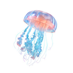 Vibrant translucent jellyfish drifts gracefully in clear blue water, showcasing delicate tentacles.