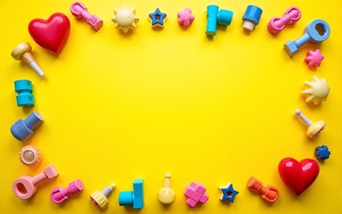 Vibrant toy frame for kids displayed on a yellow backdrop shot from above with empty space for text Ideal for World Children s Day. copy space available. High quality