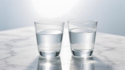 Two clear glasses of water placed on a reflective marble surface against a soft background.