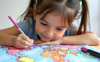 Closeup child girl drawing with colored markers pens international children of different races, Happy  world  children s day. High quality