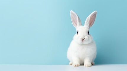 Obraz premium cute animal pet rabbit or bunny white color smiling and laughing isolated with copy space for easter background, rabbit, animal, pet, cute, fur, ear, mammal, background, celebration, generate by AI