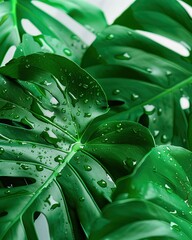 Fototapeta premium photo-realistic close-up of vibrant monstera leaves with visible veins and water droplets. Wallpaper tropical