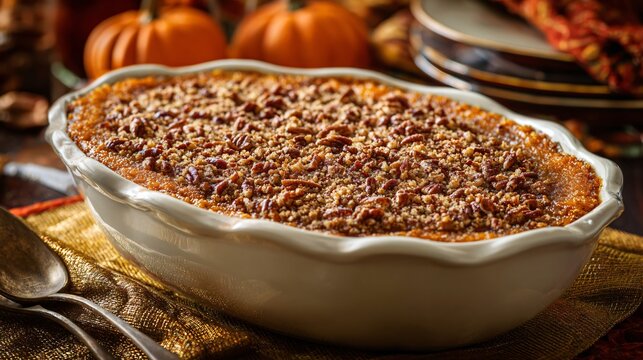 Tabletop moment with sweet potato casserole, pecan crust and golden napkins, background of orange and brown tones