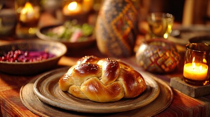 Warm dining moment with braided bread, beet salad and cranberry candles, burnt sienna tablecloth and neutral ceramic plates