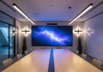 Modern conference room with large galaxy display and ambient lighting for collaborative meetings
